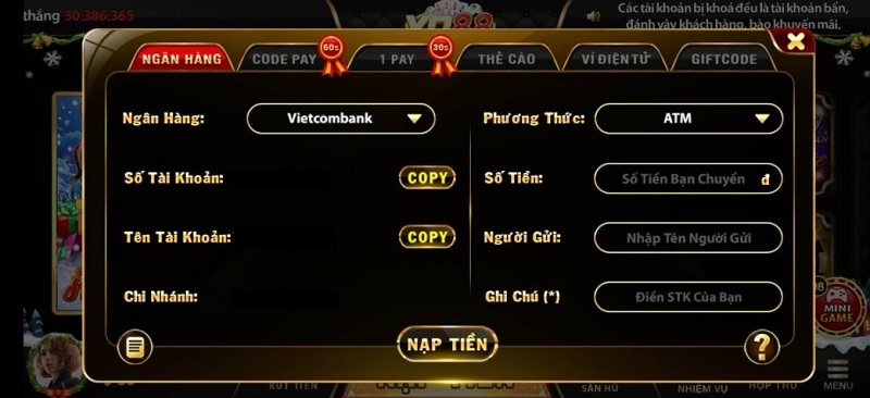 Nạp rút Yo88 bằng cách chuyển khoản qua ngân hàng tại cổng game bài Yo88